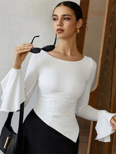 White Pleated Ruffled Long Sleeve Top