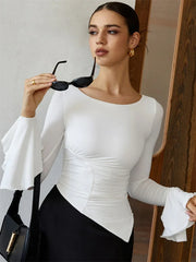 White Pleated Ruffled Long Sleeve Top