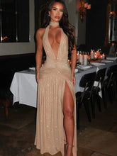 Glitter Bright Silk High Slit Halter Dress