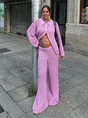 Hollow Out Sweater and Pants Knitting Cardigan Set