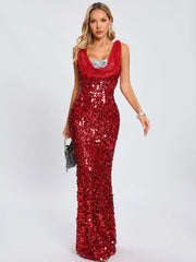 Swinging Neck Sequins Red Long Dress
