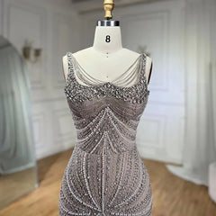 Pearl Beaded Spaghetti Straps Mermaid Evening Gown
