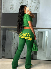 Letter Print Shorts Sleeve Top and Trouser Suit