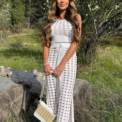 Hollow Out Knitted Top Lace Up Split Long Skirt Suit