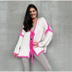 Oversized Hollow Contrast Bow Lace-Up Knitwear Cardigan