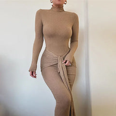 Long Sleeve Drape Turtleneck Maxi Dress