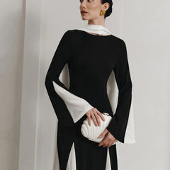 Ribbon Patchwork Pleated Long Dress