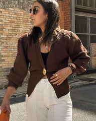 Knitted Single Button Long Lantern Sleeve Sweater