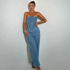 Sequins Strapless Short Skirt Denim Pants and Corset Set