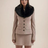 Faux Fur Collar Hounds tooth Blazer & Skirt Set