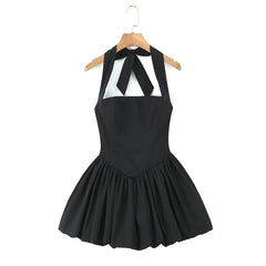Bow Halter Slash Collar Lacing-Up Back Mini Dress