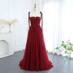 Beaded Wine Red Evening Gown with Straps