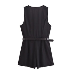 Side Zipper Belt Sleeveless Black Romper
