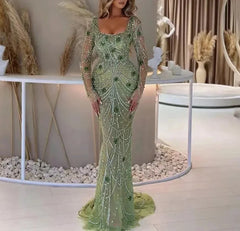 Green Mermaid Beaded Square collar Formal Long Gowns