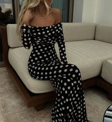 Polka Dots Off Shoulder Long Sleeves Maxi Dress