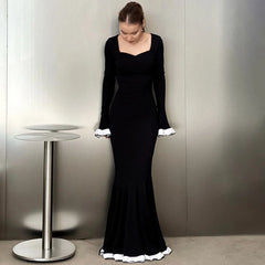 Ruffled Square Collar Patchwork Maxi Dress