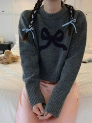 Cute Bow Knitted O neck Long Sleeve Sweater