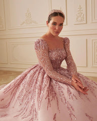 Dusty Pink Long Sleeve Formal Prom Gown