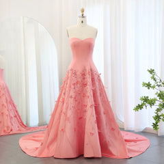 Coral Pink 3D Floral Evening Gown with Feathers