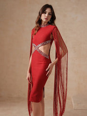 Fringe Sleeve Tassel Sequined Midi Dress