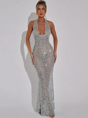 Halter Neck Backless Glitter Long Dress