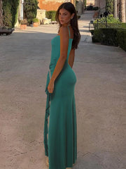 Metal Buckle Ruched Spaghetti Strap Long Dress