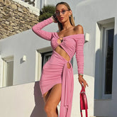 Pink Hollow Out Long Sleeved V-Neck Mini Dress