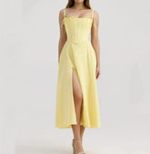 Yellow Slit Midi Dress and Cross Lacing up Top Set