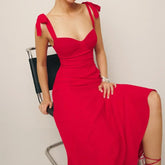 Solid Red Tie Bow Strap Midi Dress