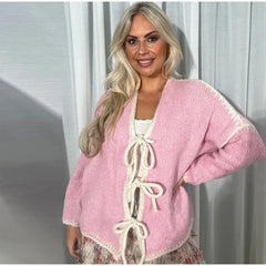 Oversized Hollow Contrast Bow Lace-Up Knitwear Cardigan