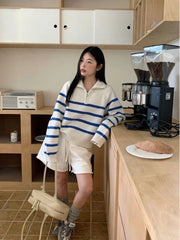 Blue Stripe Zipper Mock Neck Pullover