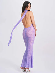 Purple Sheer Halter Draped Open Back Long Dress