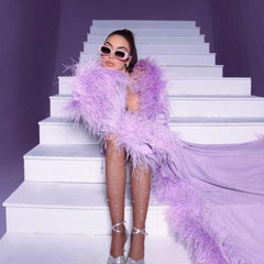 Feather Cloak Sleeves Open Back Prom Dress