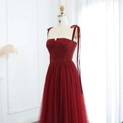 Beaded Wine Red Evening Gown with Straps