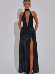 Glitter Bright Silk High Slit Halter Dress