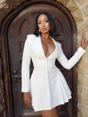 Plunging Neckline Pleated & Buttoned Blazer Dress
