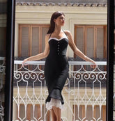 Black Lace Trumpet Spaghetti Strap Midi Dress