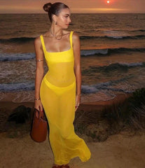 Mesh Square Neck Open Back Solid Long Dress