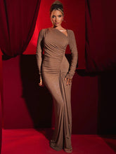 Long Sleeve Ruched Maxi Dress with Thigh-High Split