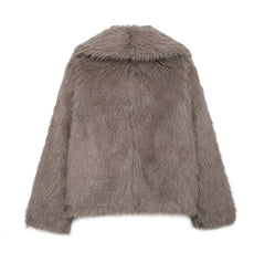 Brown Turn Down Collar Faux Fur Coat