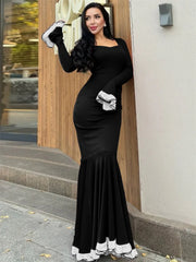 Ruffled Square Collar Patchwork Maxi Dress