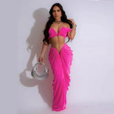 Pleated Strapless Crop Top and Long Skirt Suit