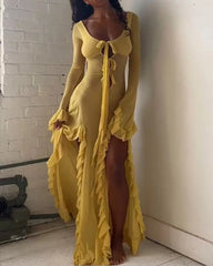 Summer Slim-Fit See-Through V-Neck Long Sleeve Dress