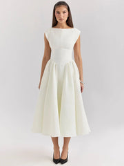 White Backless Solid Hollow Out Pleated Dress
