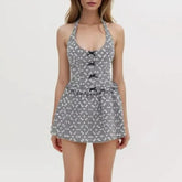 Gray Embroidery White Flower Bow Halter Mini Dress