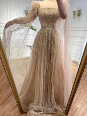 Cape Sleeves Feathers Beaded Evening Dresses