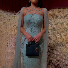 Aqua Mermaid Evening Gown with Cape Sleeves
