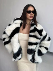 Winter Retro Fur Coat Zebra Print Mid-Length Cardigan