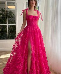 Flower Appliques Prom Dresses Tulle Side Split