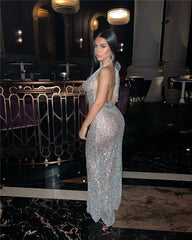 Halter Neck Backless Glitter Long Dress